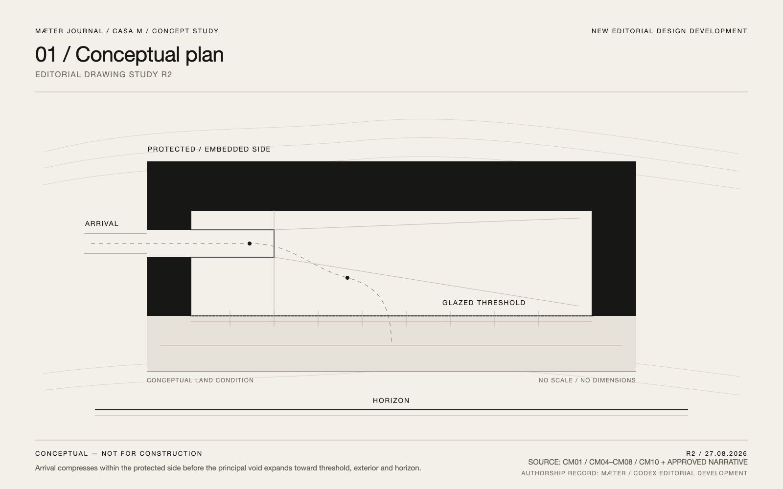 Conceptual plan showing a compressed arrival entering a protected mass, expanding into an interior void and crossing a glazed threshold toward the horizon