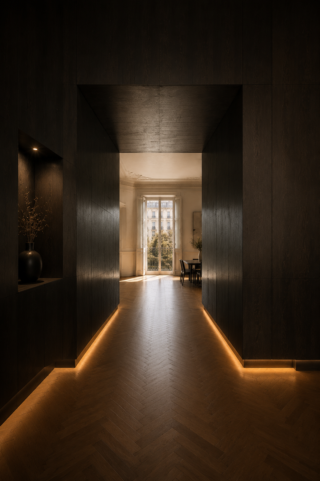 Threshold formed by the dark-oak volume within the historic room