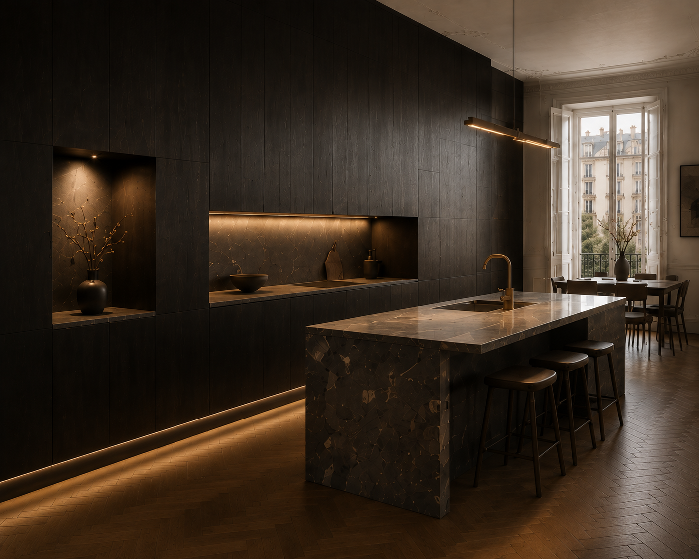 Kitchen integrated into the dark-oak architectural volume