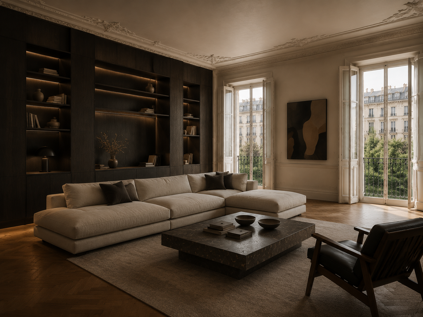 Living room with a full-height dark-oak library