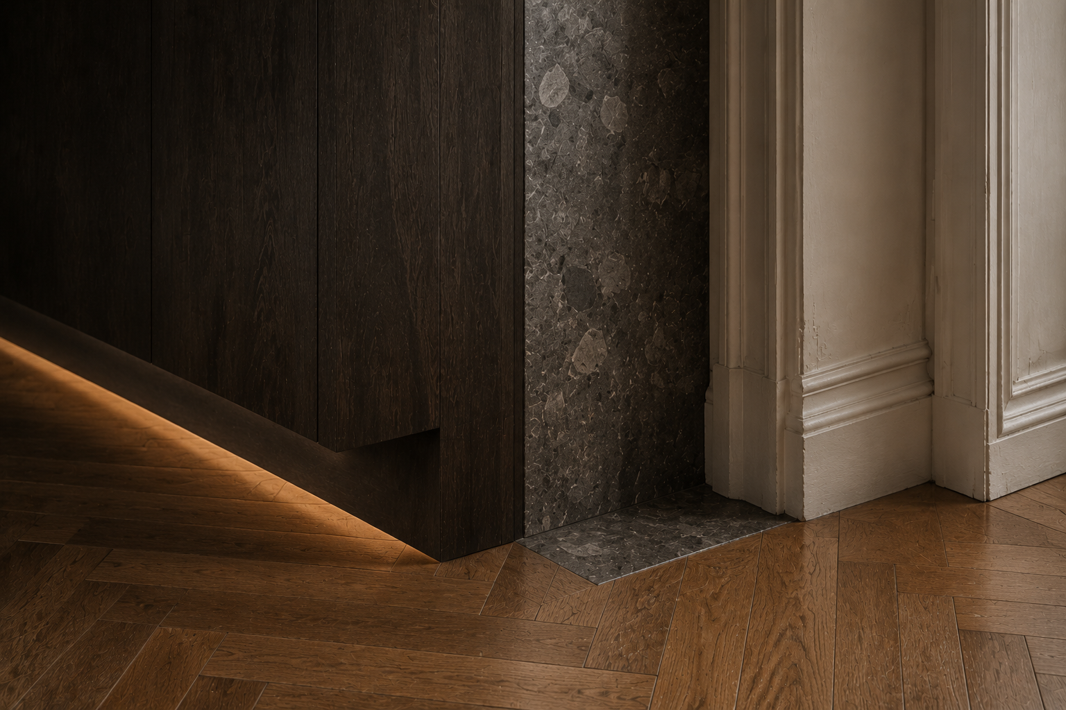 Junction of dark oak, stone, existing parquet and integrated light