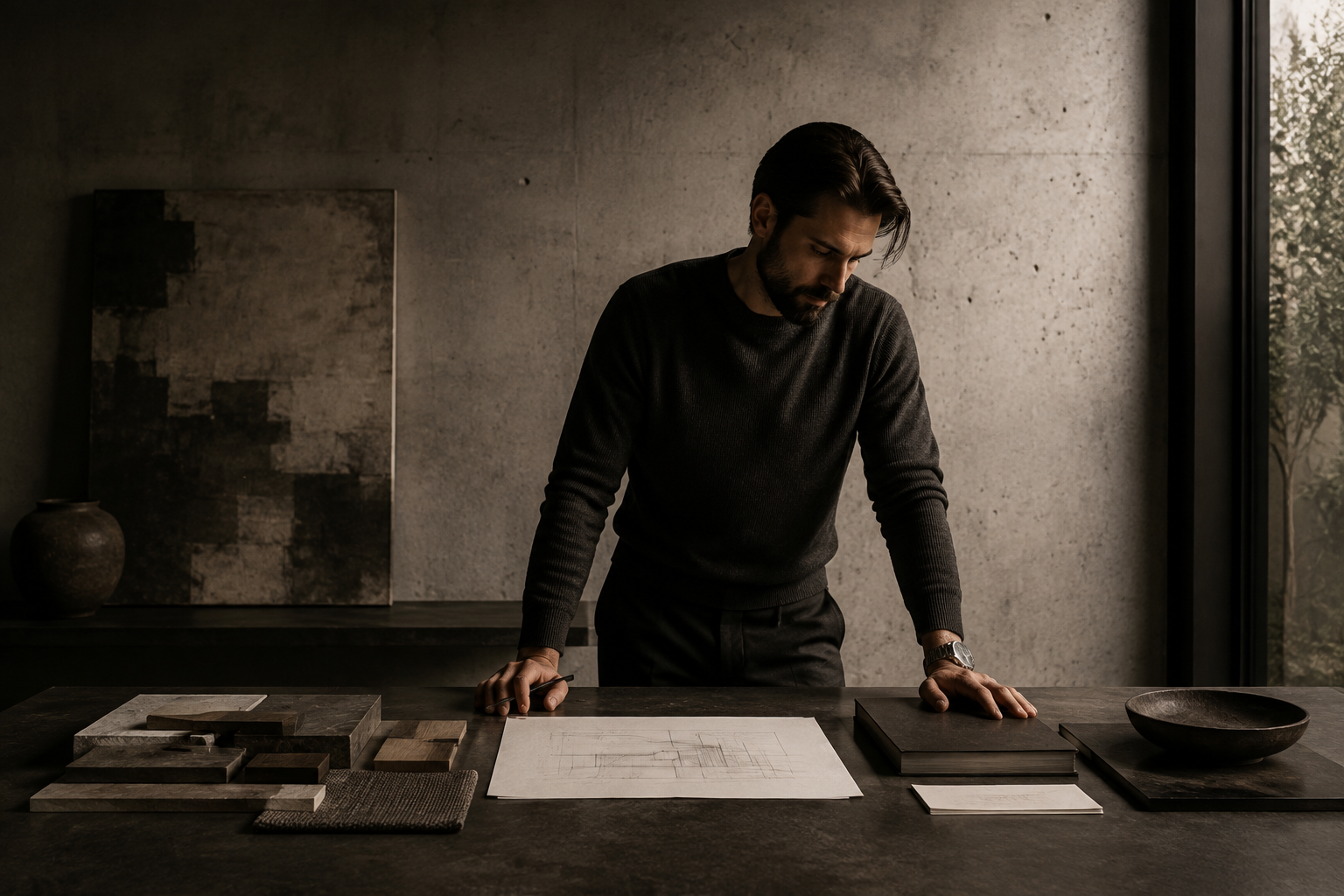 Antonello Balestrieri studying an architectural drawing at the studio table