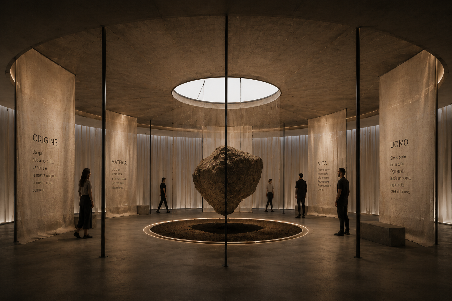 TERRA temporary architecture study with a suspended earthen mass beneath an oculus